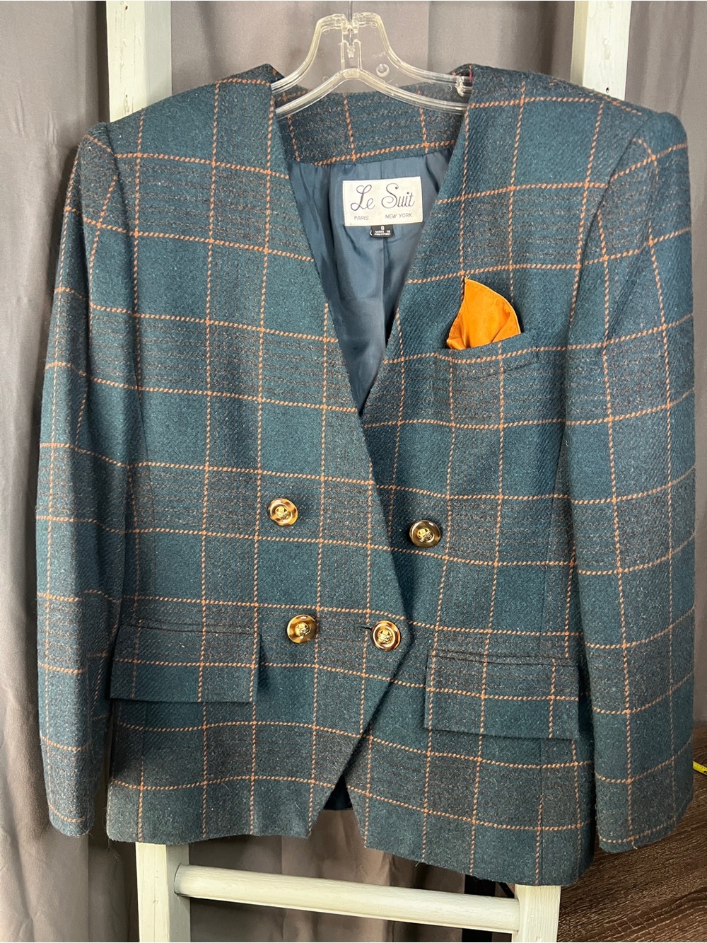 Le Suit Women’s Teal Windowpane Double-Breasted Blazer with Shoulder Pads